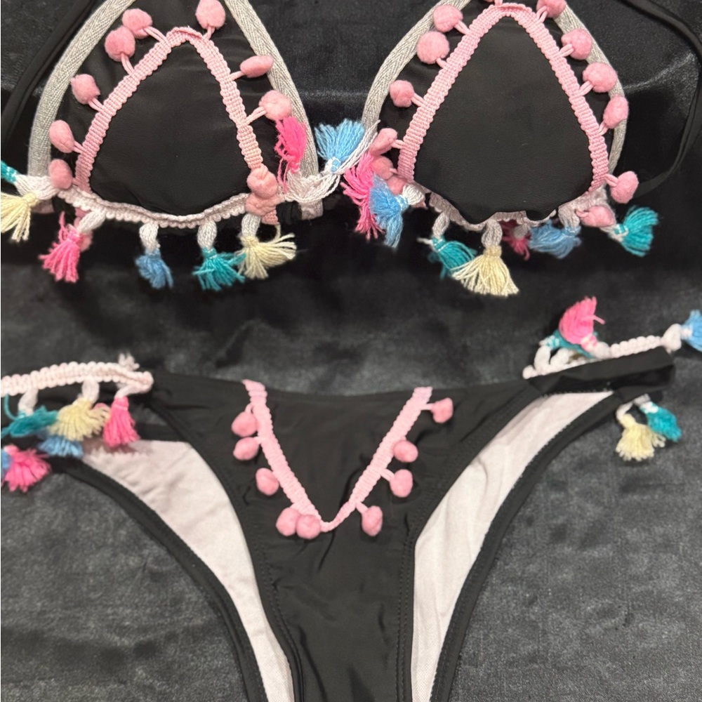 Black Bikini with Colorful Tassels